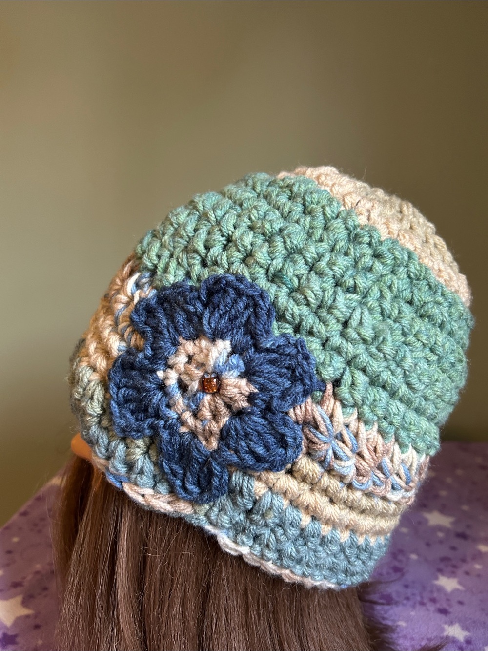 Crocheted Flower Beanie in pastel mint medium acrylic cute